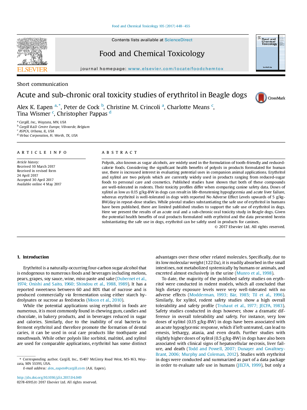 Acute and sub-chronic oral toxicity studies of erythritol in Beagle dogs