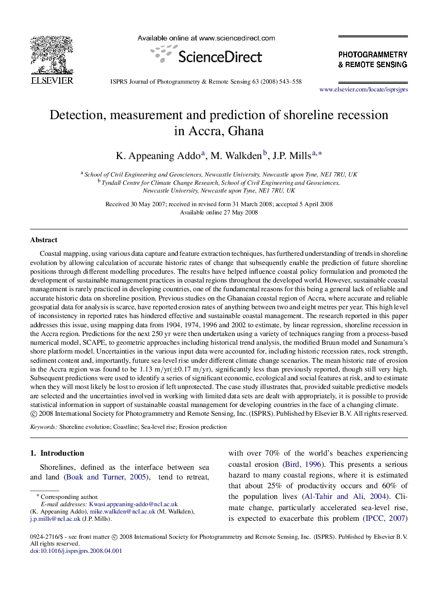 Detection, measurement and prediction of shoreline recession in Accra, Ghana