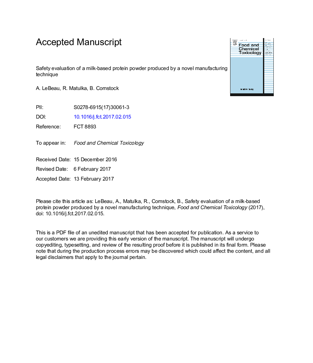 Safety evaluation of a milk-based protein powder produced by a novel manufacturing technique