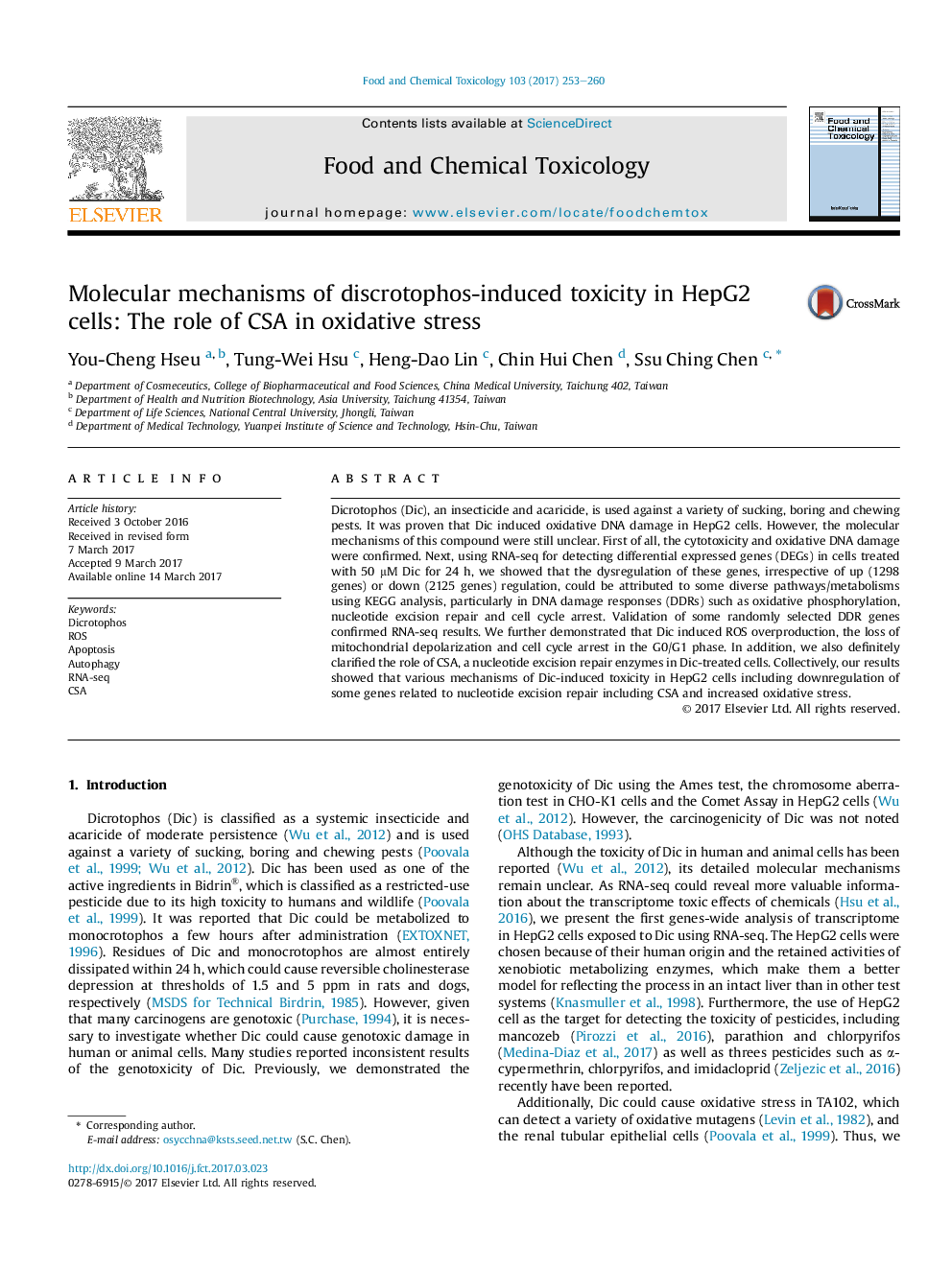 Molecular mechanisms of discrotophos-induced toxicity in HepG2 cells: The role of CSA in oxidative stress