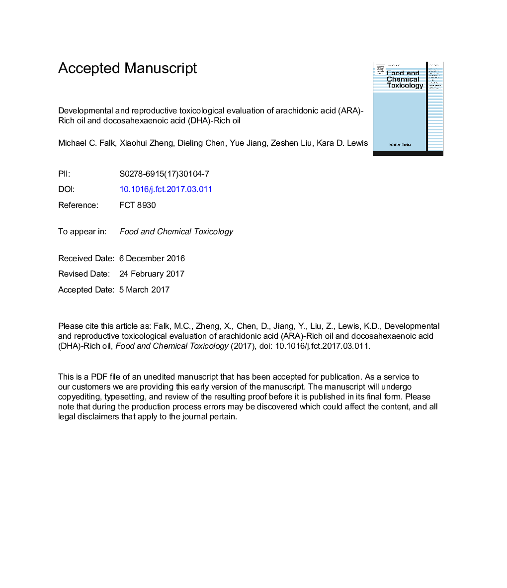 Developmental and reproductive toxicological evaluation of arachidonic acid (ARA)-Rich oil and docosahexaenoic acid (DHA)-Rich oil