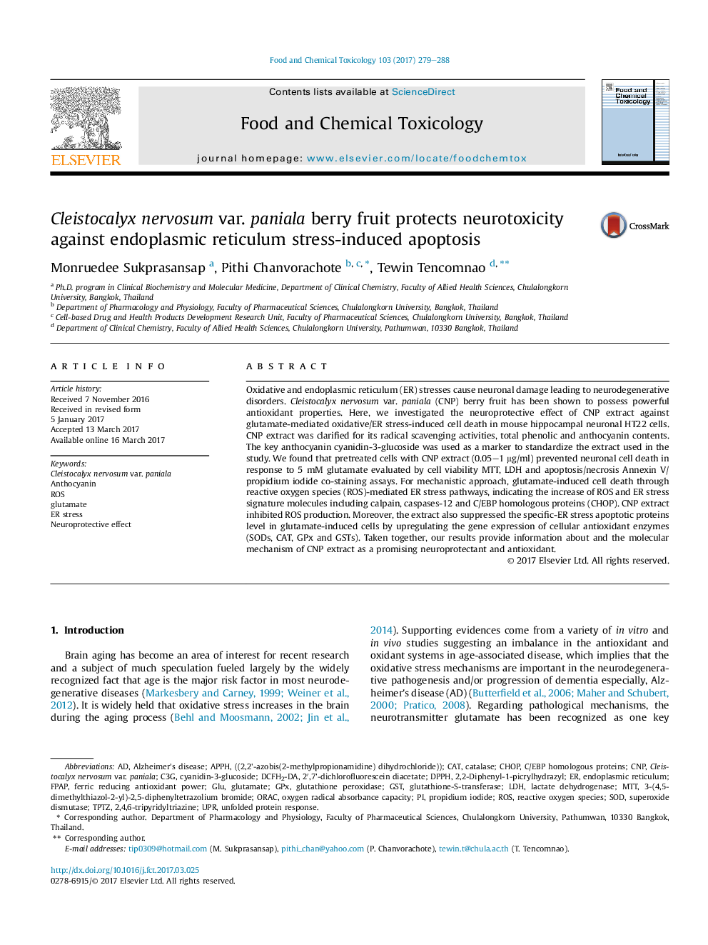 Cleistocalyx nervosum var. paniala berry fruit protects neurotoxicity against endoplasmic reticulum stress-induced apoptosis