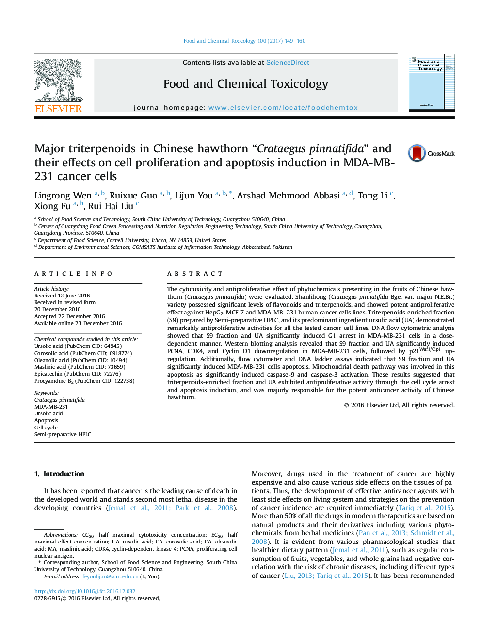 Major triterpenoids in Chinese hawthorn “Crataegus pinnatifida” and their effects on cell proliferation and apoptosis induction in MDA-MB-231 cancer cells