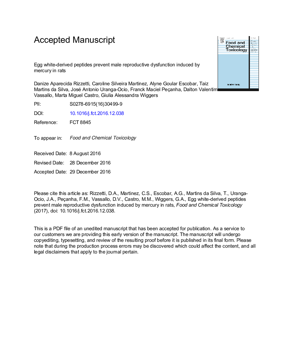 Egg white-derived peptides prevent male reproductive dysfunction induced by mercury in rats