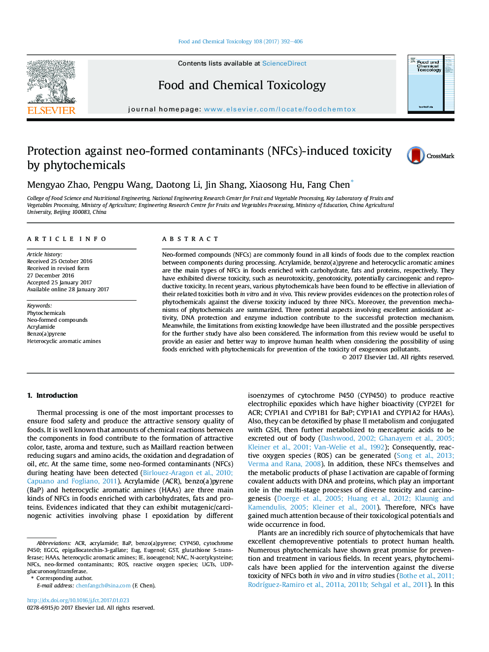 عکس صفحه اول مقاله: Protection against neo-formed contaminants (NFCs)-induced toxicity by phytochemicals Protection against neo-formed contaminants (NFCs)-induced toxicity by phytochemicals