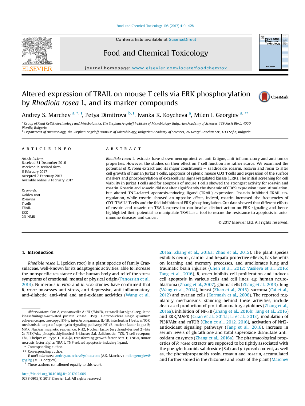 Altered expression of TRAIL on mouse T cells via ERK phosphorylation by Rhodiola rosea L. and its marker compounds