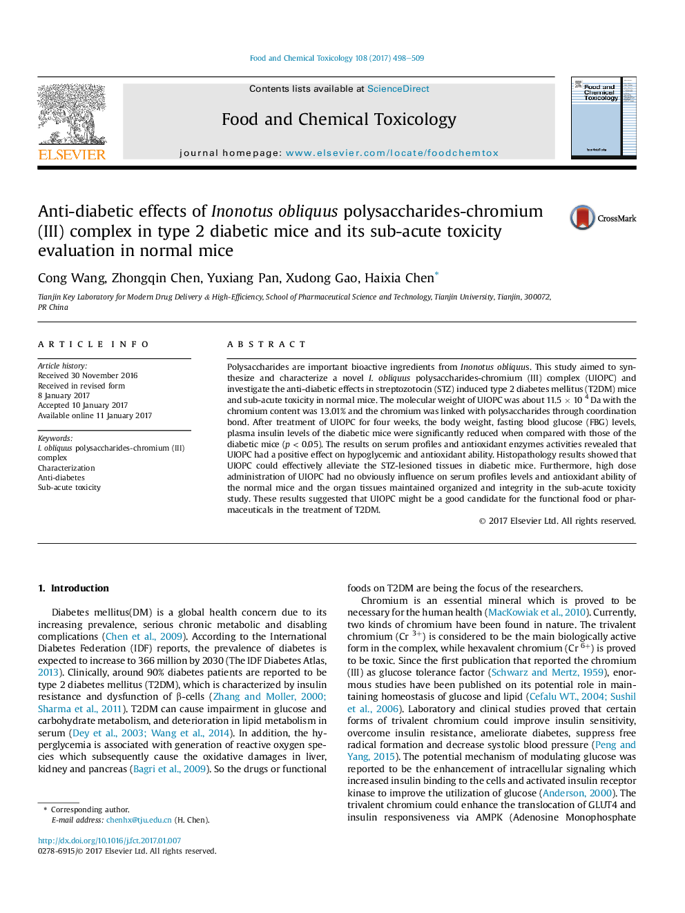 Anti-diabetic effects of Inonotus obliquus polysaccharides-chromium (III) complex in type 2 diabetic mice and its sub-acute toxicity evaluation in normal mice