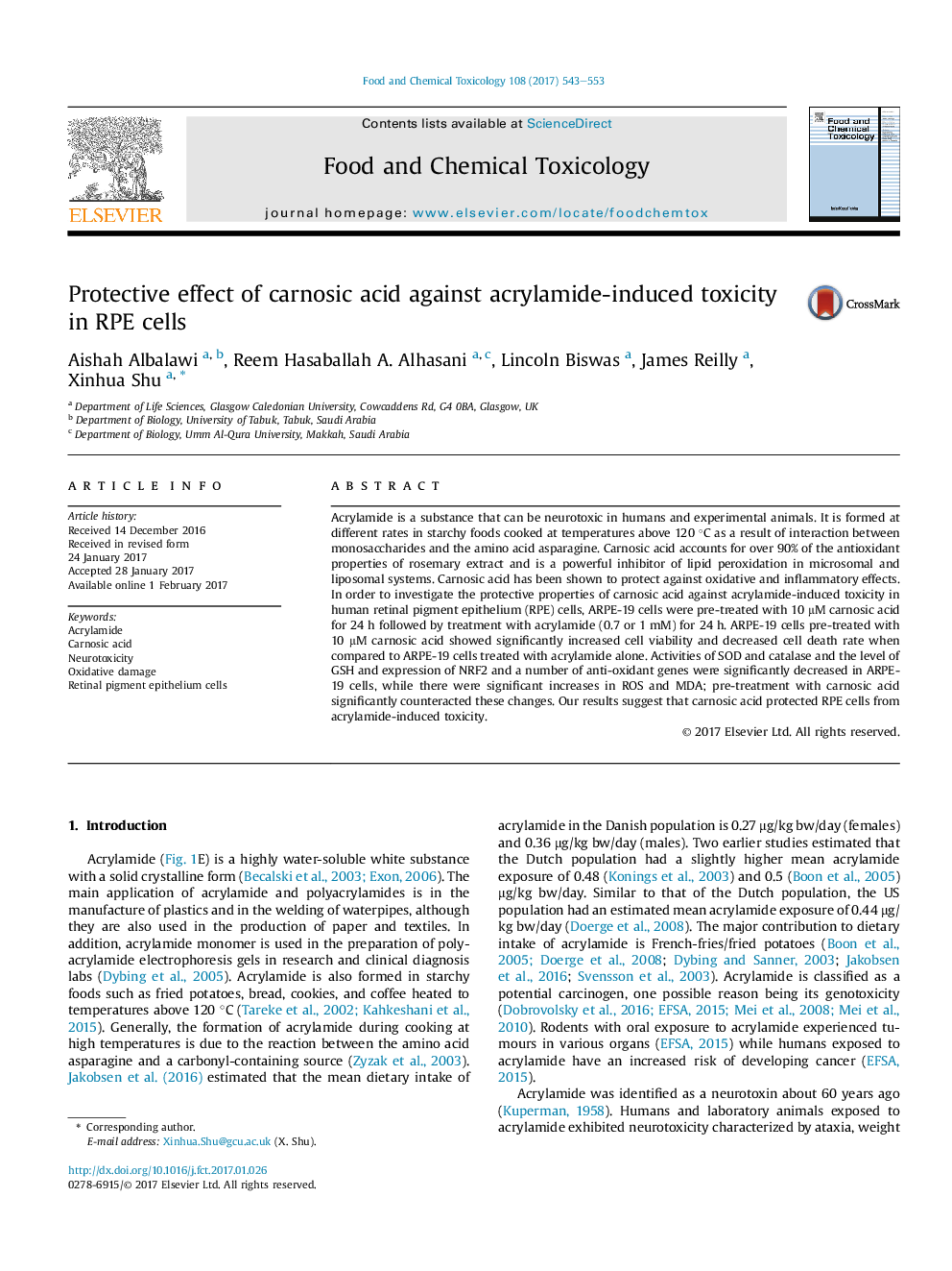 Protective effect of carnosic acid against acrylamide-induced toxicity in RPE cells