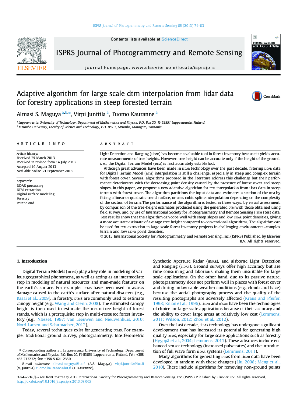 Adaptive algorithm for large scale dtm interpolation from lidar data for forestry applications in steep forested terrain