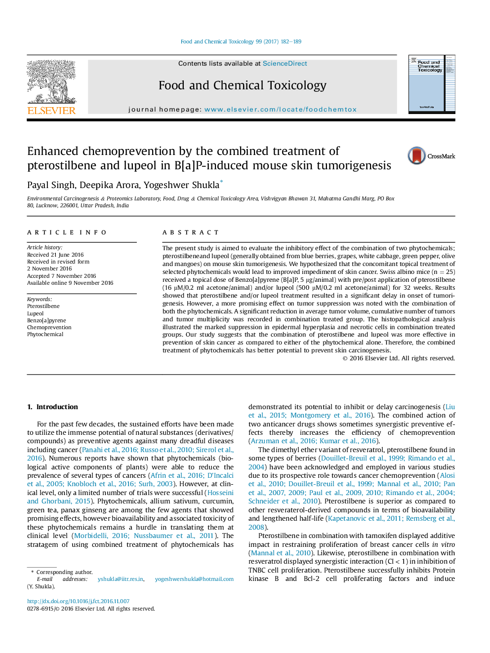 Enhanced chemoprevention by the combined treatment of pterostilbene and lupeol in B[a]P-induced mouse skin tumorigenesis