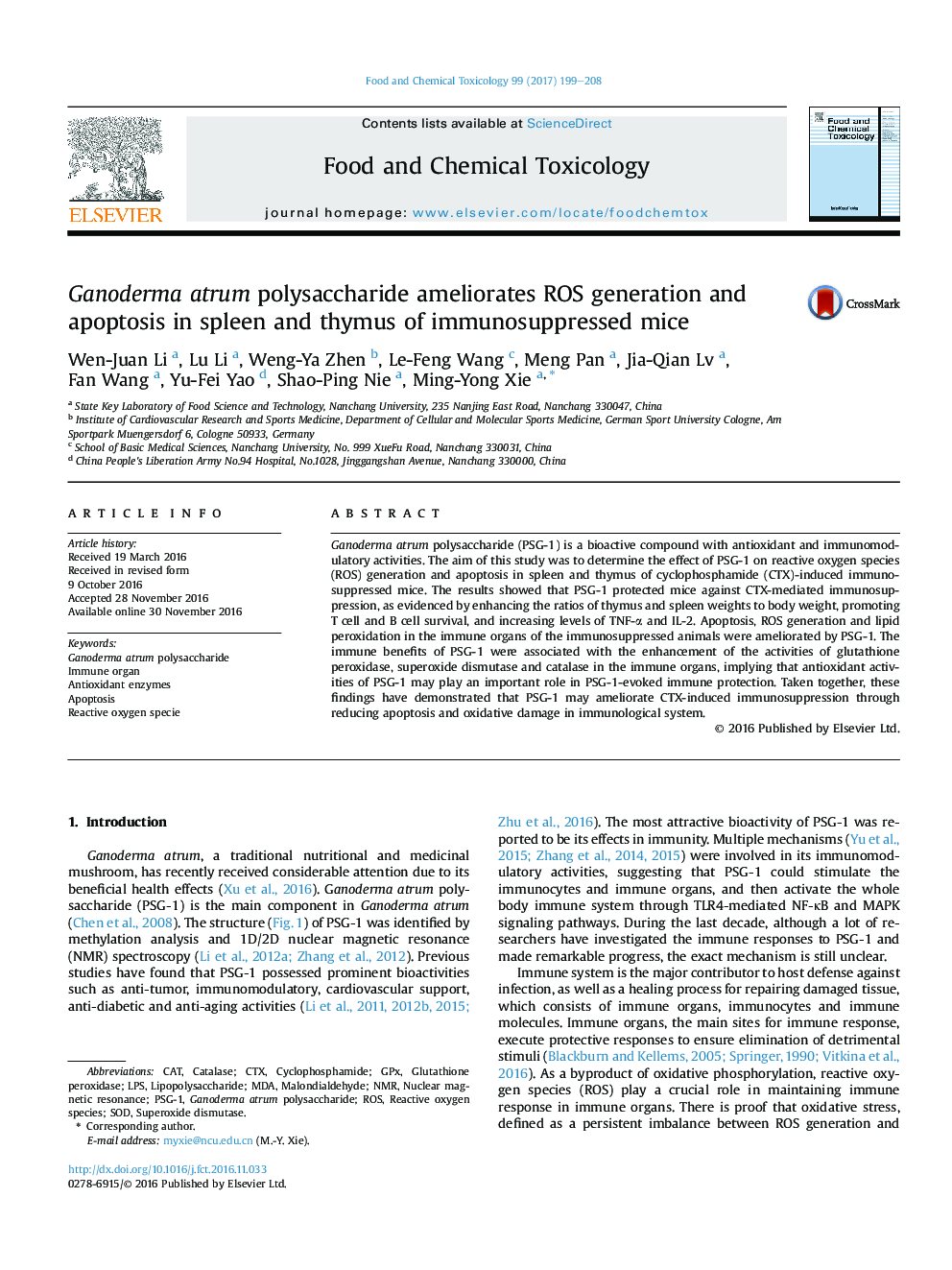 Ganoderma atrum polysaccharide ameliorates ROS generation and apoptosis in spleen and thymus of immunosuppressed mice