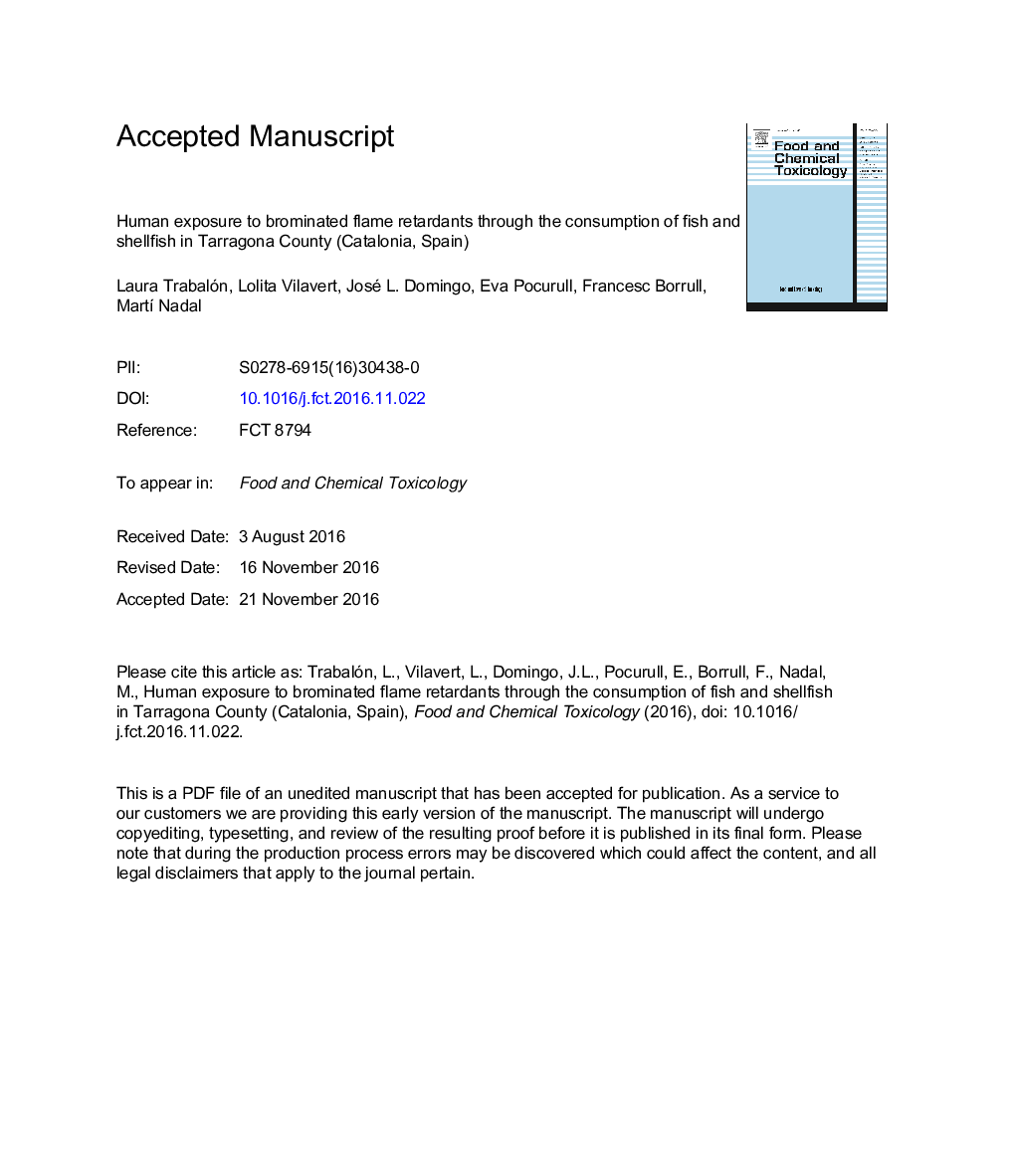 Human exposure to brominated flame retardants through the consumption of fish and shellfish in Tarragona County (Catalonia, Spain)