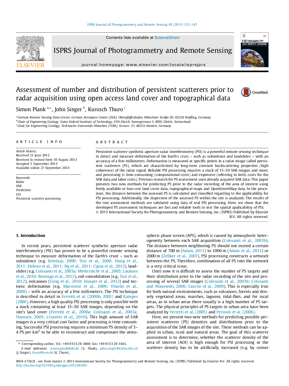 Assessment of number and distribution of persistent scatterers prior to radar acquisition using open access land cover and topographical data