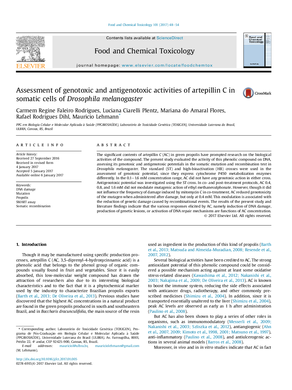 Assessment of genotoxic and antigenotoxic activities of artepillin C in somatic cells of Drosophila melanogaster