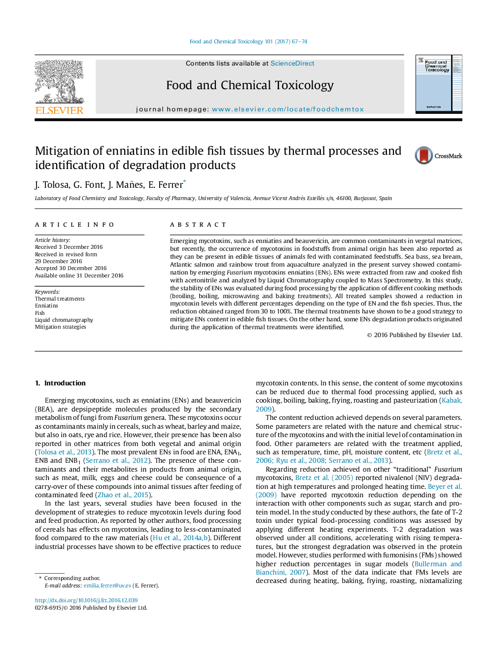 Mitigation of enniatins in edible fish tissues by thermal processes and identification of degradation products