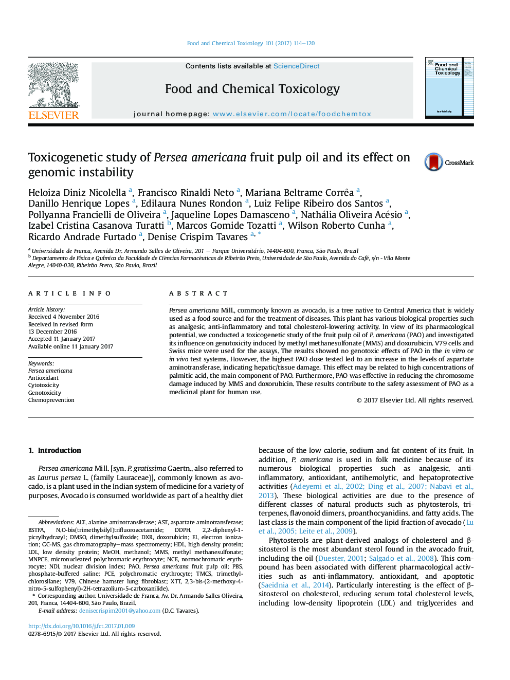 Toxicogenetic study of Persea americana fruit pulp oil and its effect on genomic instability