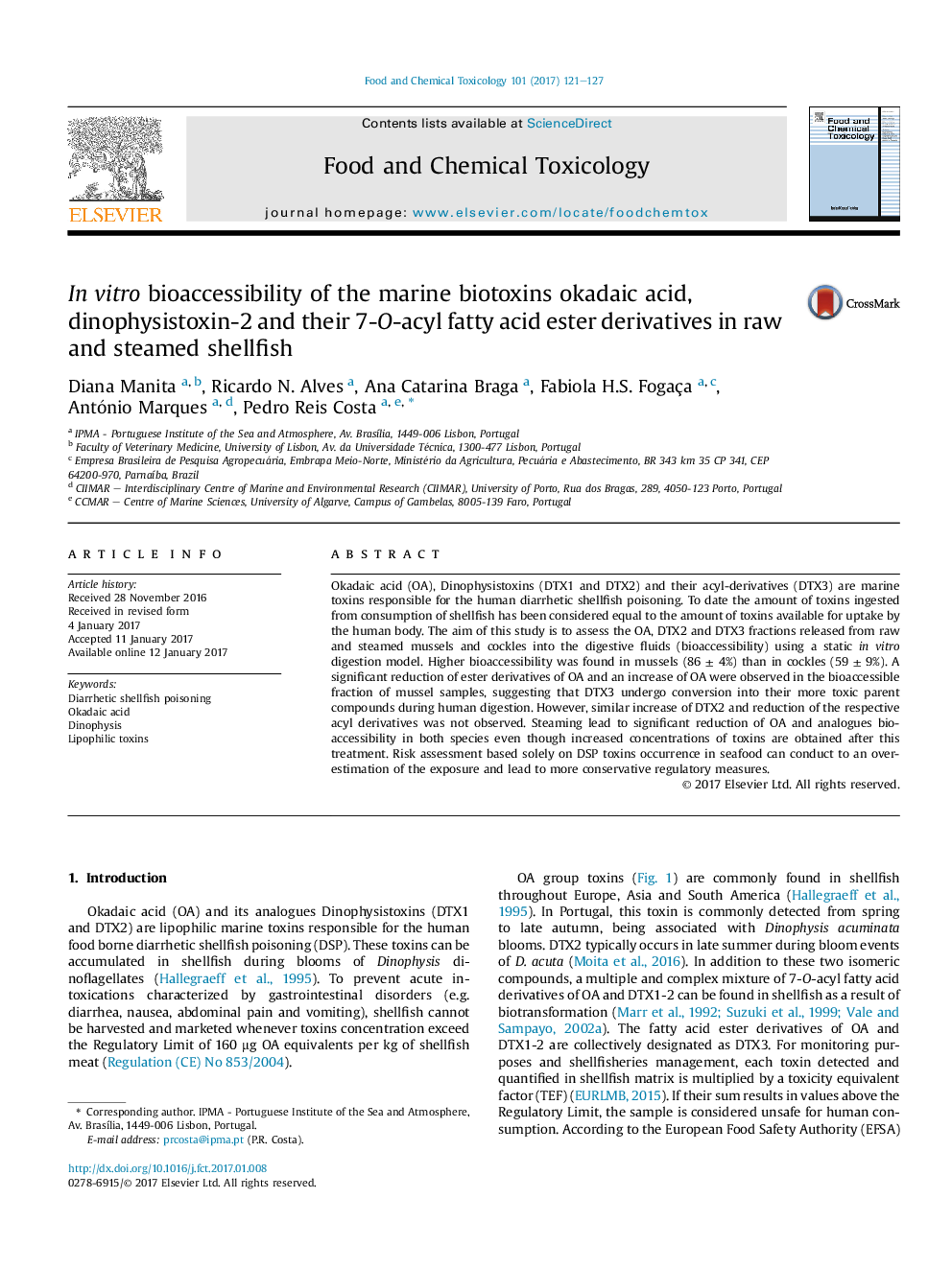 InÂ vitro bioaccessibility of the marine biotoxins okadaic acid, dinophysistoxin-2 and their 7-O-acyl fatty acid ester derivatives in raw and steamed shellfish