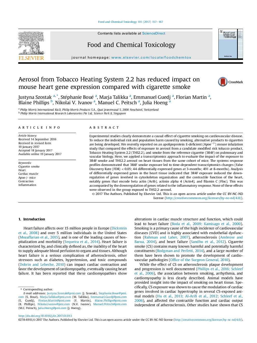 Aerosol from Tobacco Heating System 2.2 has reduced impact on mouse heart gene expression compared with cigarette smoke