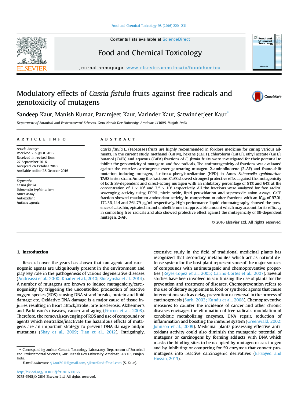 Modulatory effects of Cassia fistula fruits against free radicals and genotoxicity of mutagens