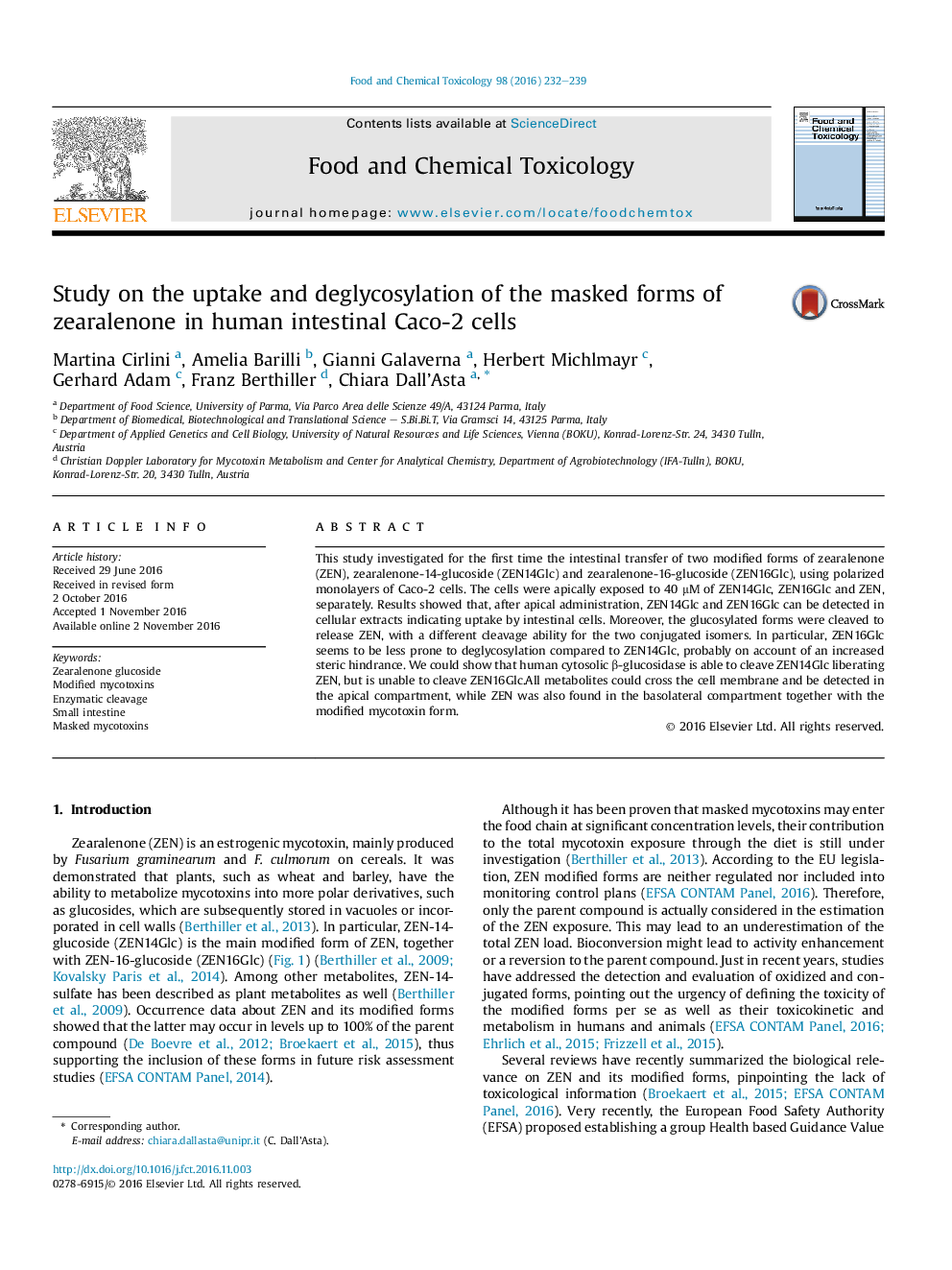 Study on the uptake and deglycosylation of the masked forms of zearalenone in human intestinal Caco-2 cells