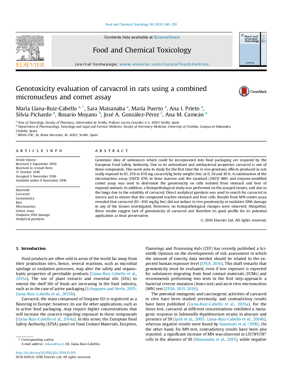 Genotoxicity evaluation of carvacrol in rats using a combined micronucleus and comet assay