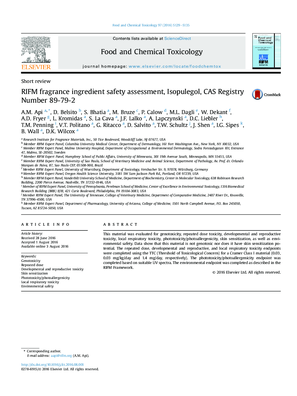 RIFM fragrance ingredient safety assessment, Isopulegol, CAS Registry Number 89-79-2