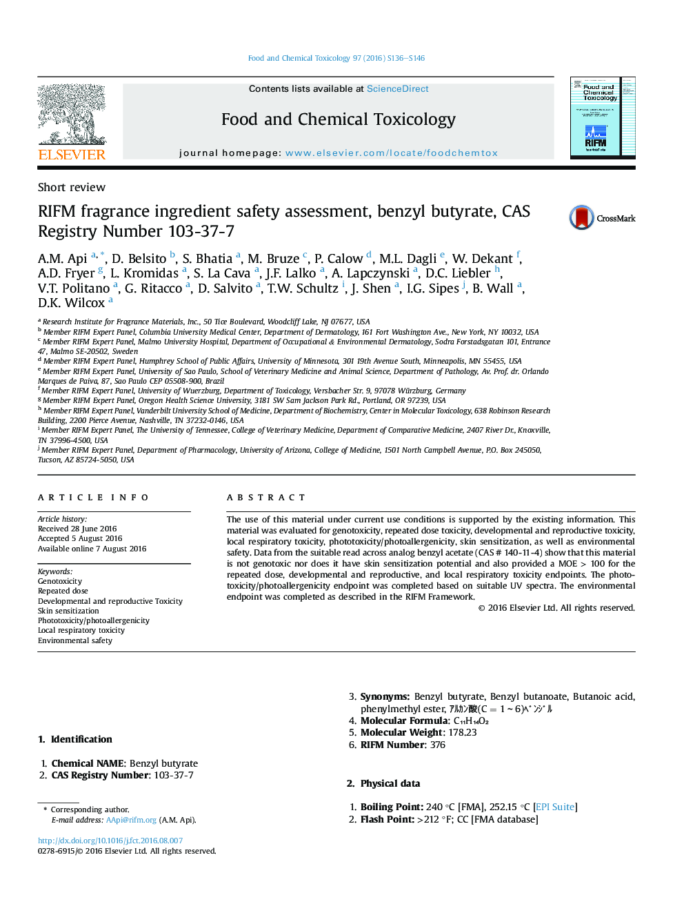 RIFM fragrance ingredient safety assessment, benzyl butyrate, CAS Registry Number 103-37-7