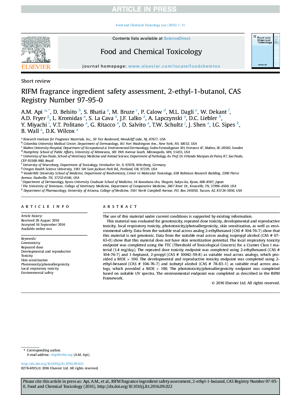 RIFM fragrance ingredient safety assessment, 2-ethyl-1-butanol, CAS Registry Number 97-95-0