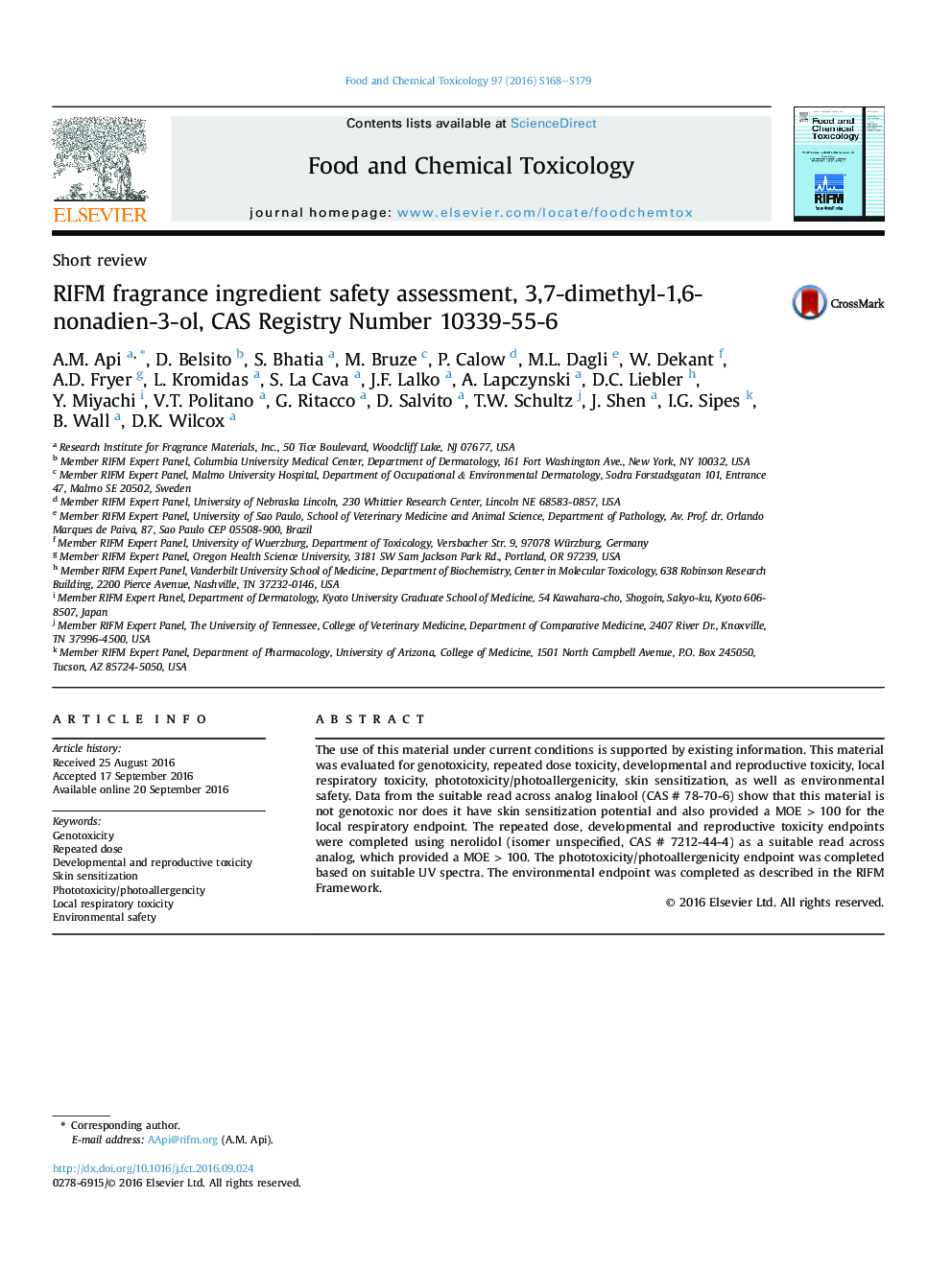 عکس صفحه اول مقاله: RIFM fragrance ingredient safety assessment, 3,7-dimethyl-1,6-nonadien-3-ol, CAS Registry Number 10339-55-6 RIFM fragrance ingredient safety assessment, 3,7-dimethyl-1,6-nonadien-3-ol, CAS Registry Number 10339-55-6