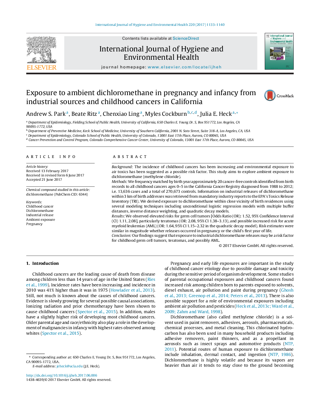 Exposure to ambient dichloromethane in pregnancy and infancy from industrial sources and childhood cancers in California