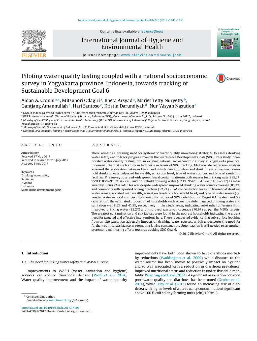 Piloting water quality testing coupled with a national socioeconomic survey in Yogyakarta province, Indonesia, towards tracking of Sustainable Development Goal 6