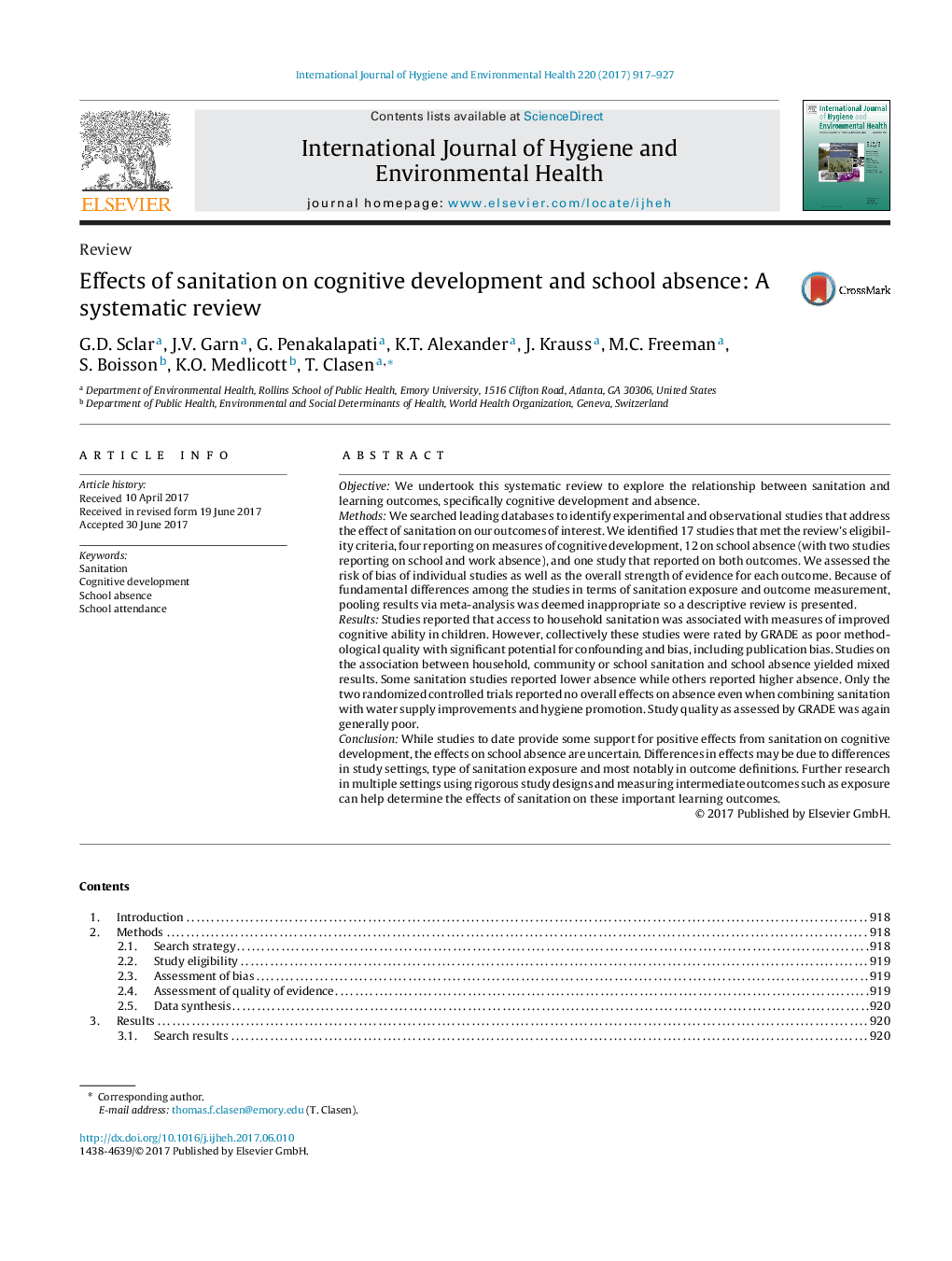 Effects of sanitation on cognitive development and school absence: A systematic review