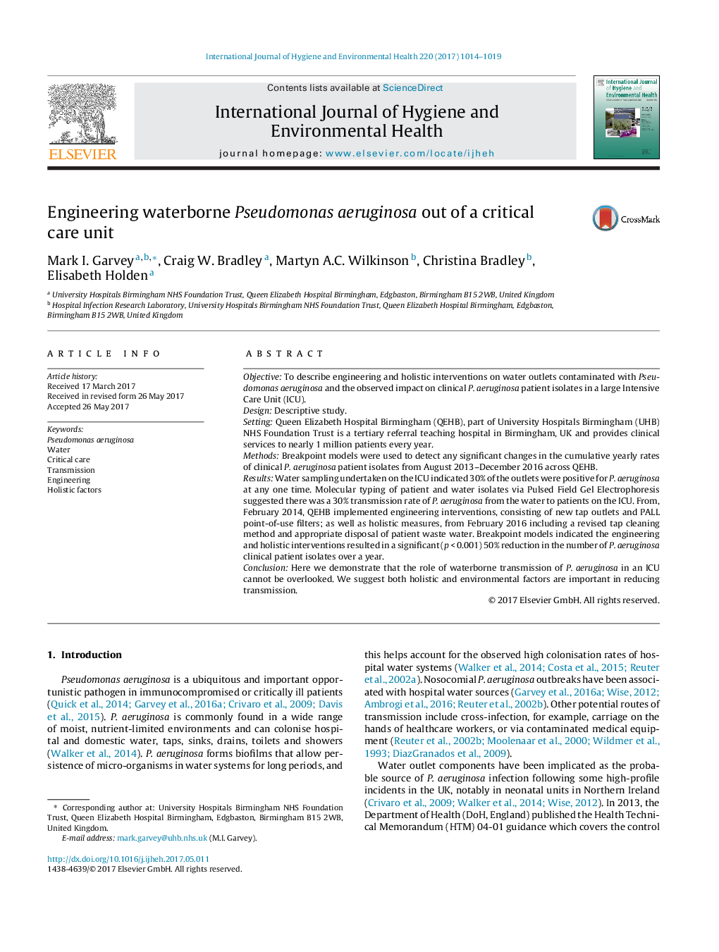 Engineering waterborne Pseudomonas aeruginosa out of a critical care unit