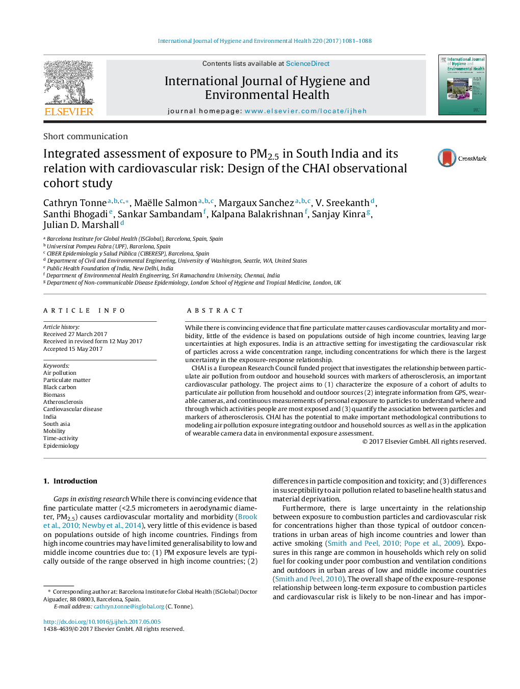 Integrated assessment of exposure to PM2.5 in South India and its relation with cardiovascular risk: Design of the CHAI observational cohort study