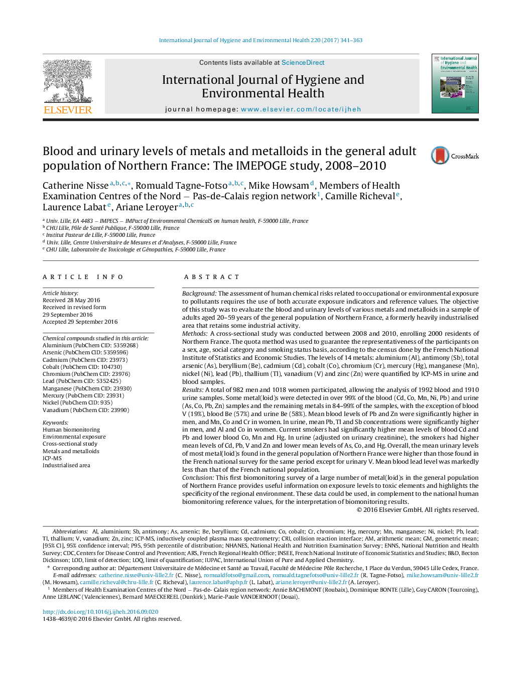 Blood and urinary levels of metals and metalloids in the general adult population of Northern France: The IMEPOGE study, 2008-2010