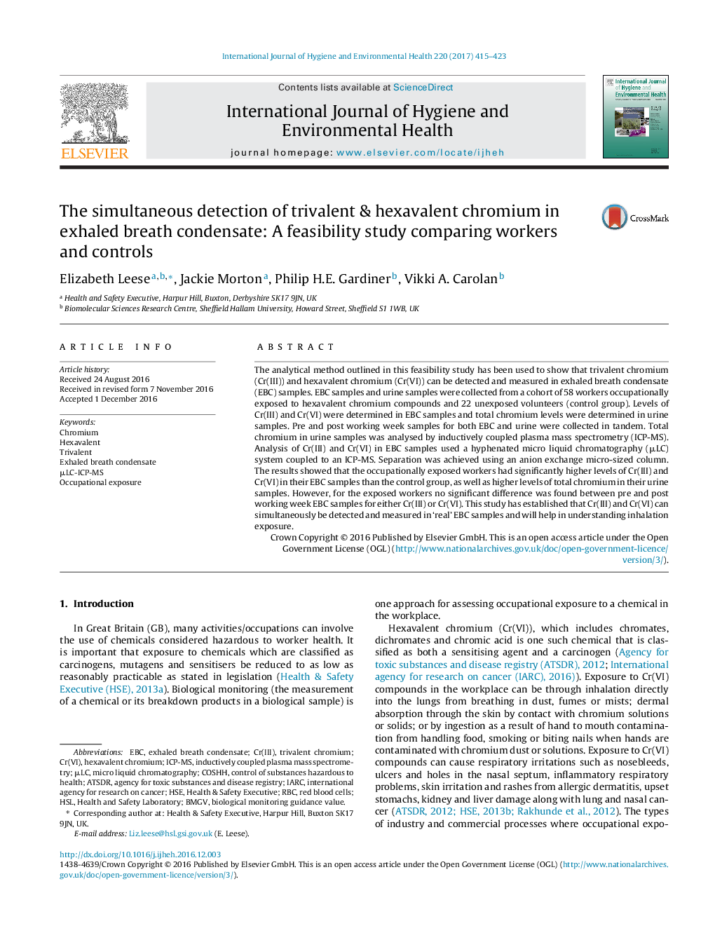 The simultaneous detection of trivalent & hexavalent chromium in exhaled breath condensate: A feasibility study comparing workers and controls