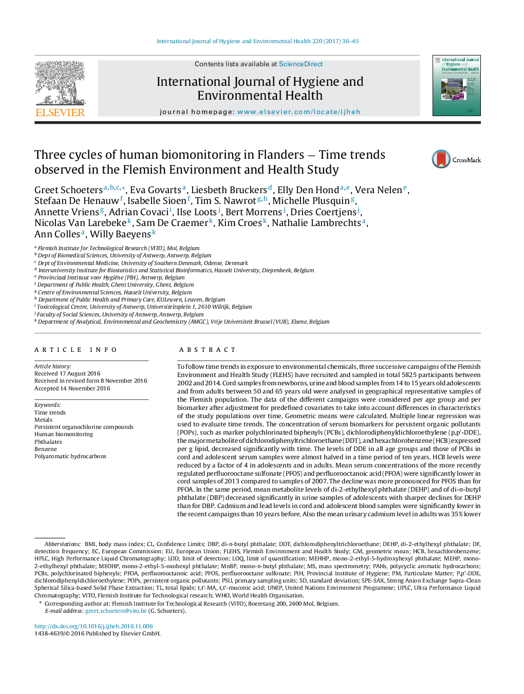 Three cycles of human biomonitoring in Flanders â Time trends observed in the Flemish Environment and Health Study