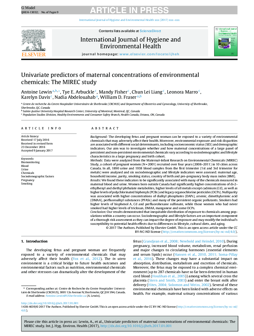 Univariate predictors of maternal concentrations of environmental chemicals: The MIREC study