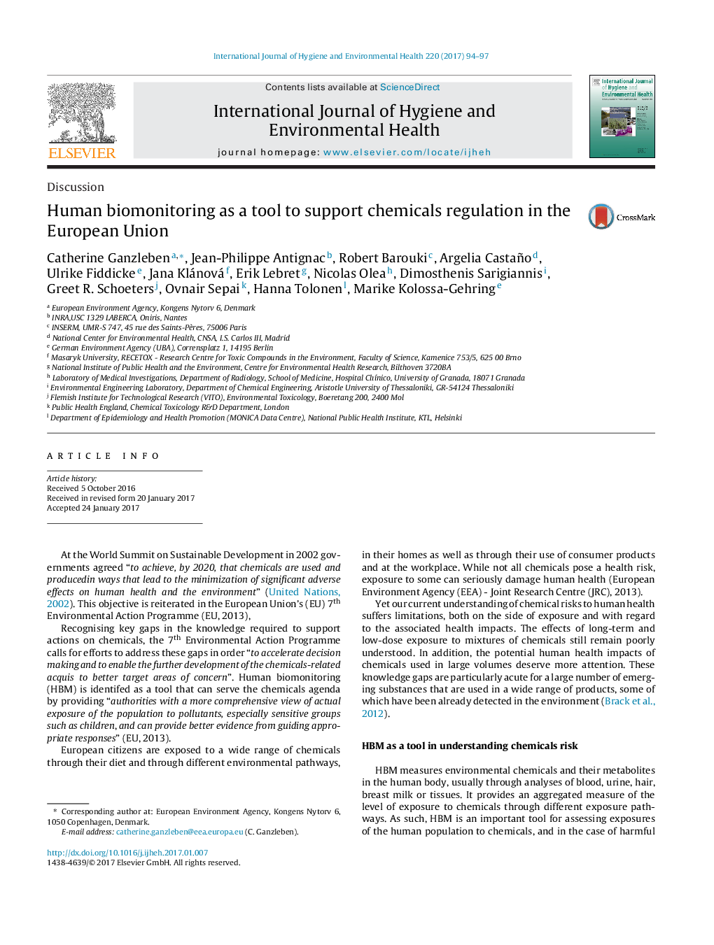 Human biomonitoring as a tool to support chemicals regulation in the European Union