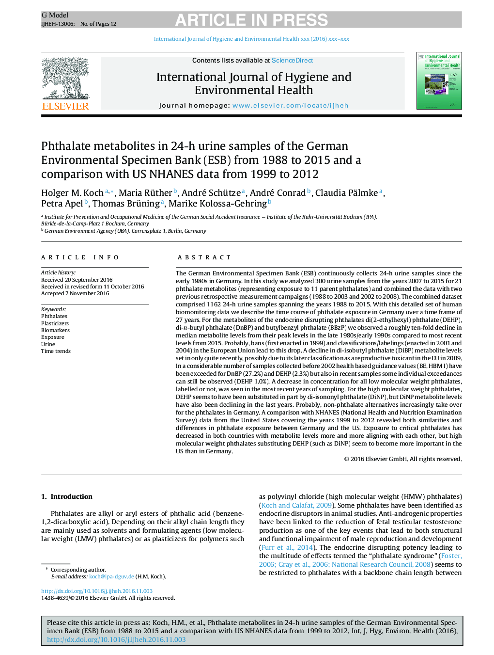 Phthalate metabolites in 24-h urine samples of the German Environmental Specimen Bank (ESB) from 1988 to 2015 and a comparison with US NHANES data from 1999 to 2012