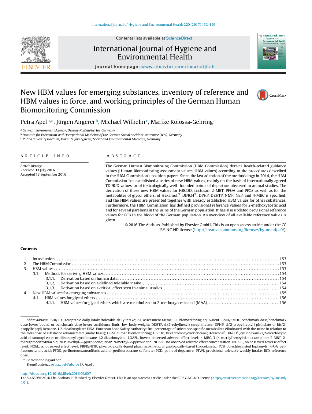 New HBM values for emerging substances, inventory of reference and HBM values in force, and working principles of the German Human Biomonitoring Commission