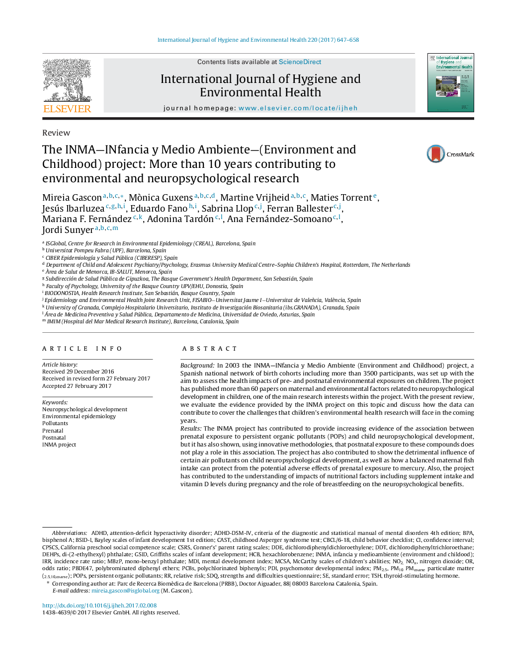 The INMA-INfancia y Medio Ambiente-(Environment and Childhood) project: More than 10 years contributing to environmental and neuropsychological research