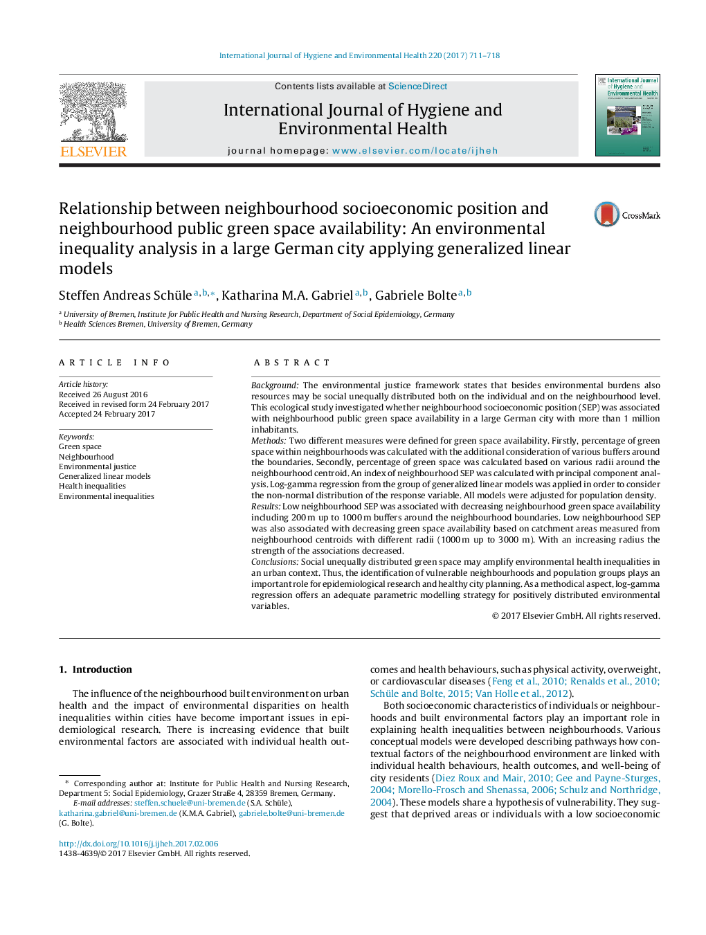 Relationship between neighbourhood socioeconomic position and neighbourhood public green space availability: An environmental inequality analysis in a large German city applying generalized linear models