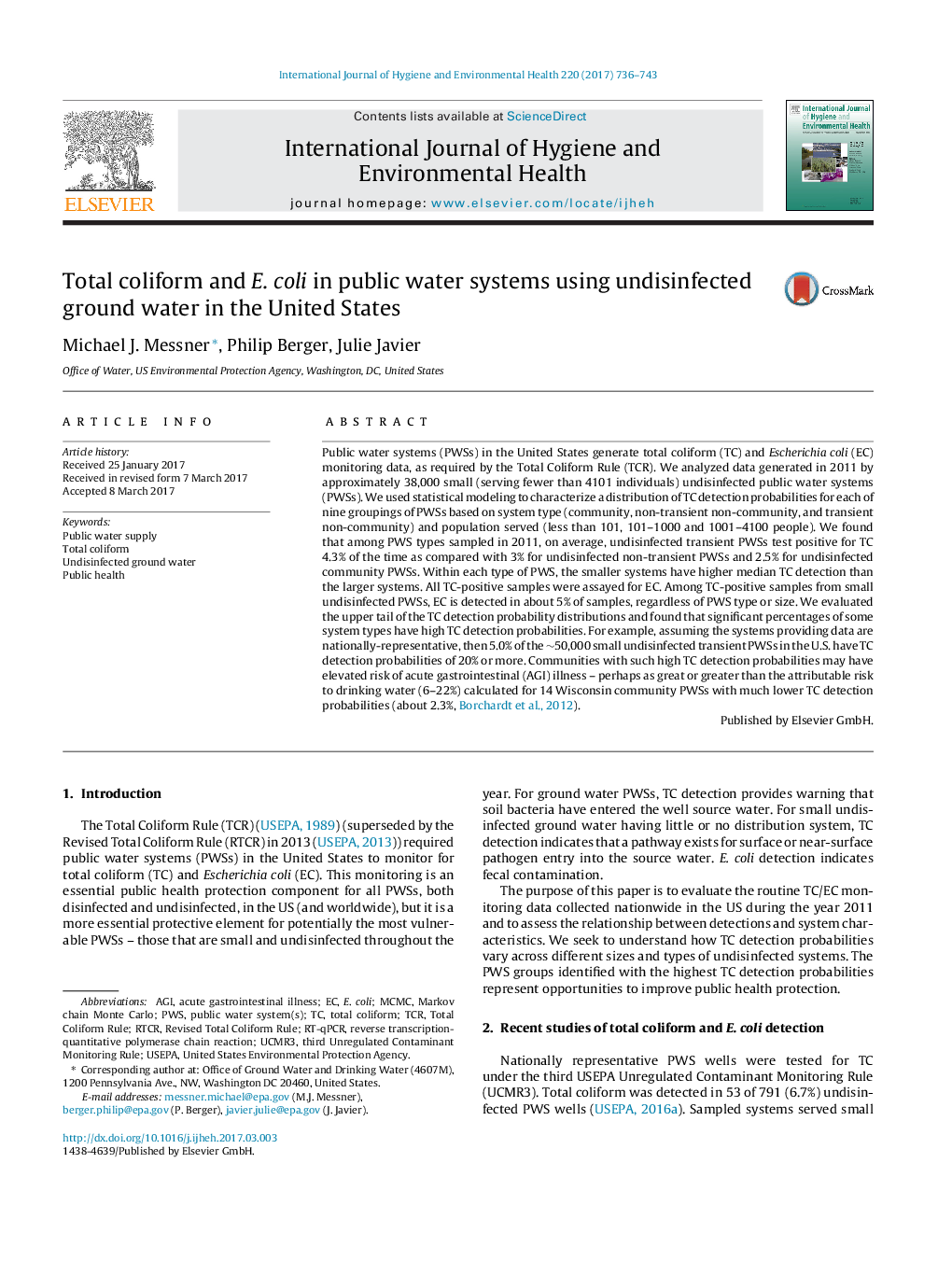 Total coliform and E. coli in public water systems using undisinfected ground water in the United States