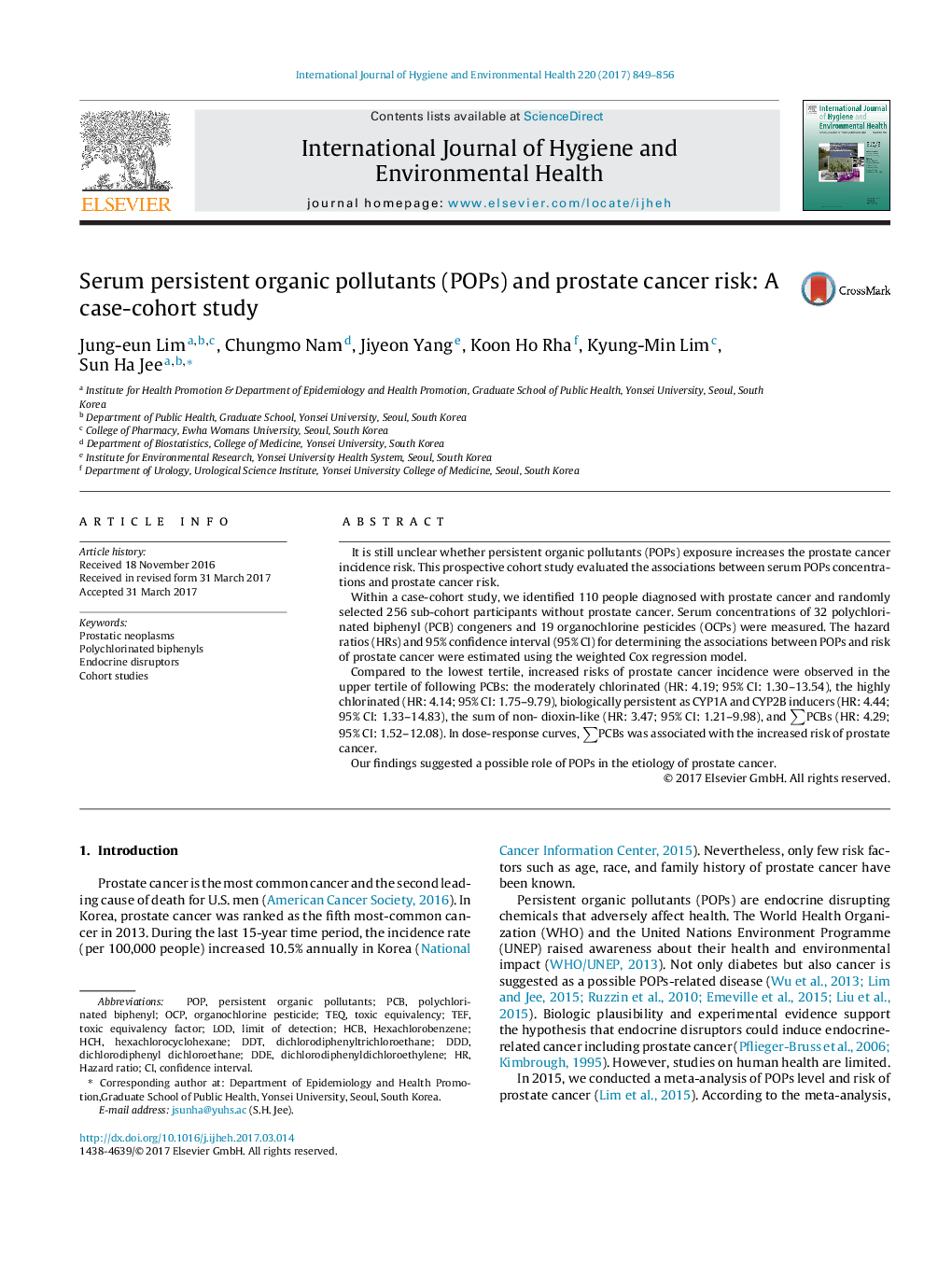 Serum persistent organic pollutants (POPs) and prostate cancer risk: A case-cohort study