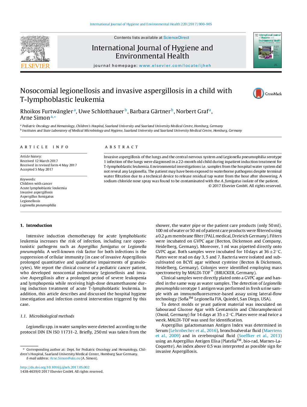 Nosocomial legionellosis and invasive aspergillosis in a child with T-lymphoblastic leukemia