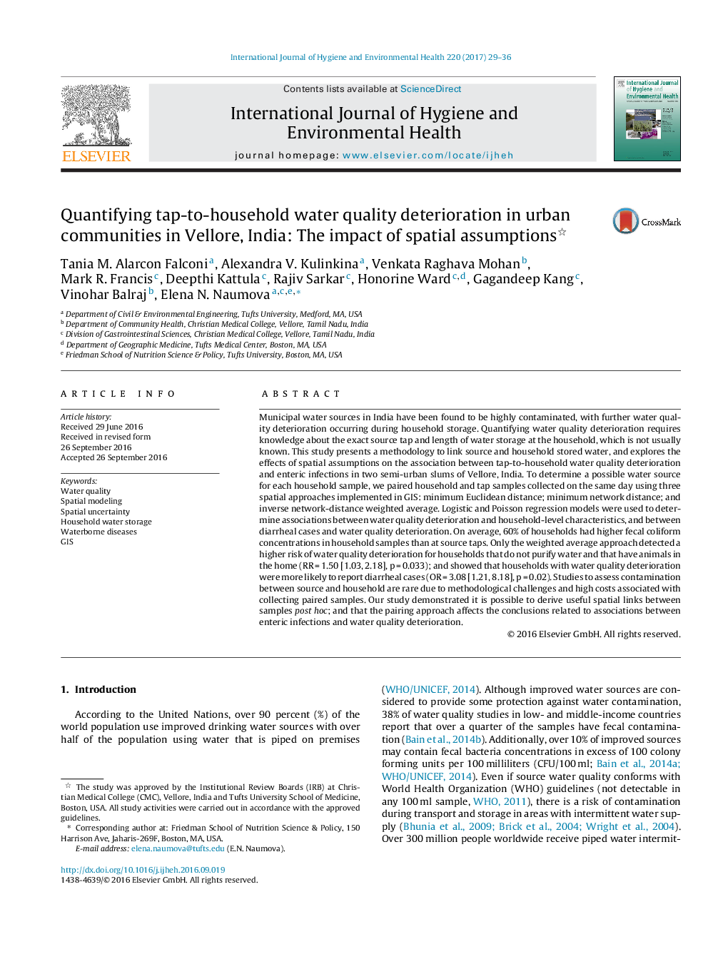 Quantifying tap-to-household water quality deterioration in urban communities in Vellore, India: The impact of spatial assumptions