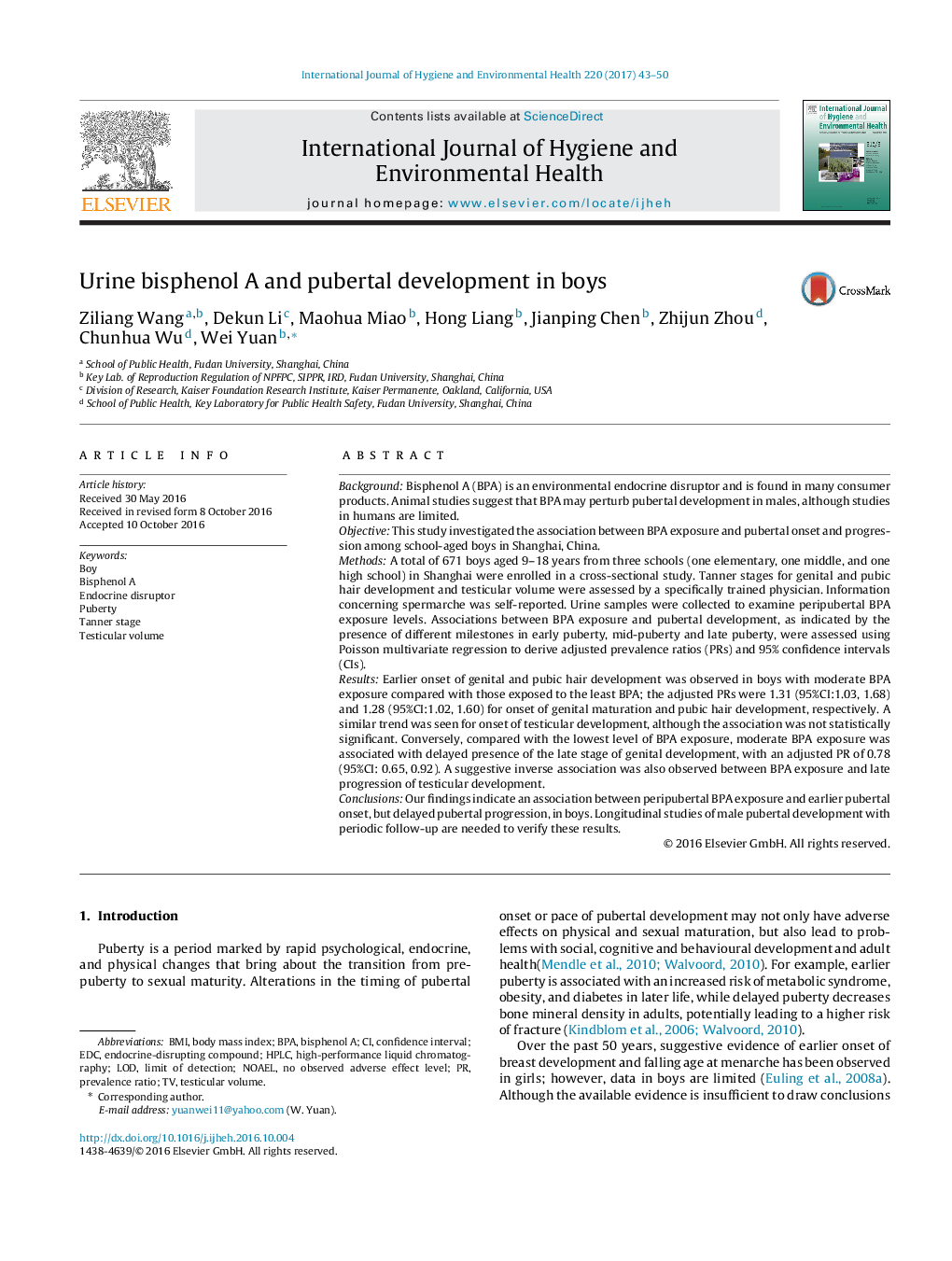 Urine bisphenol A and pubertal development in boys