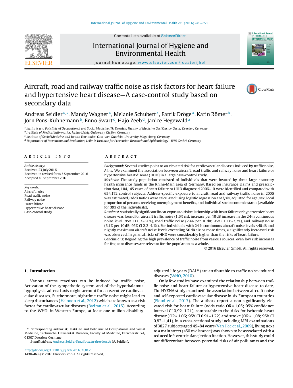 Aircraft, road and railway traffic noise as risk factors for heart failure and hypertensive heart disease-A case-control study based on secondary data