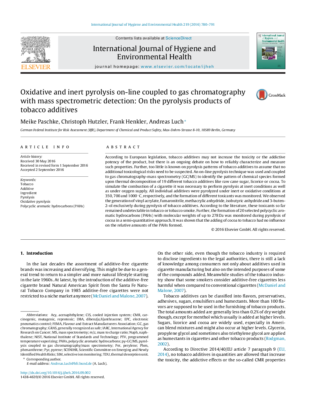 Oxidative and inert pyrolysis on-line coupled to gas chromatography with mass spectrometric detection: On the pyrolysis products of tobacco additives